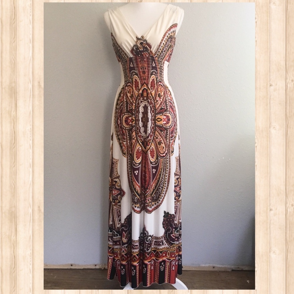 MILANO Boho Maxi Dress Size S Ivory brown